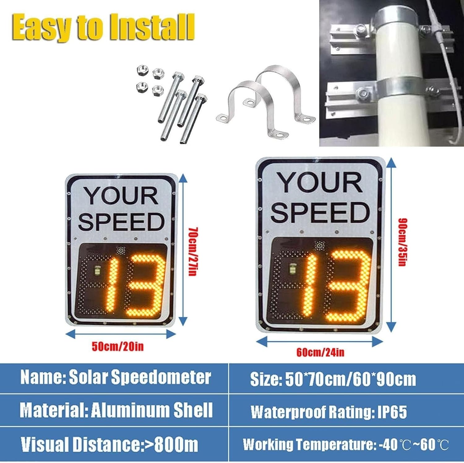 Solar Speed Limit Sign, Rust-Proof Aluminum LED Radar Speed Display for Road Speeding Warning, Weatherproof(Yellow,50 * 70cm)