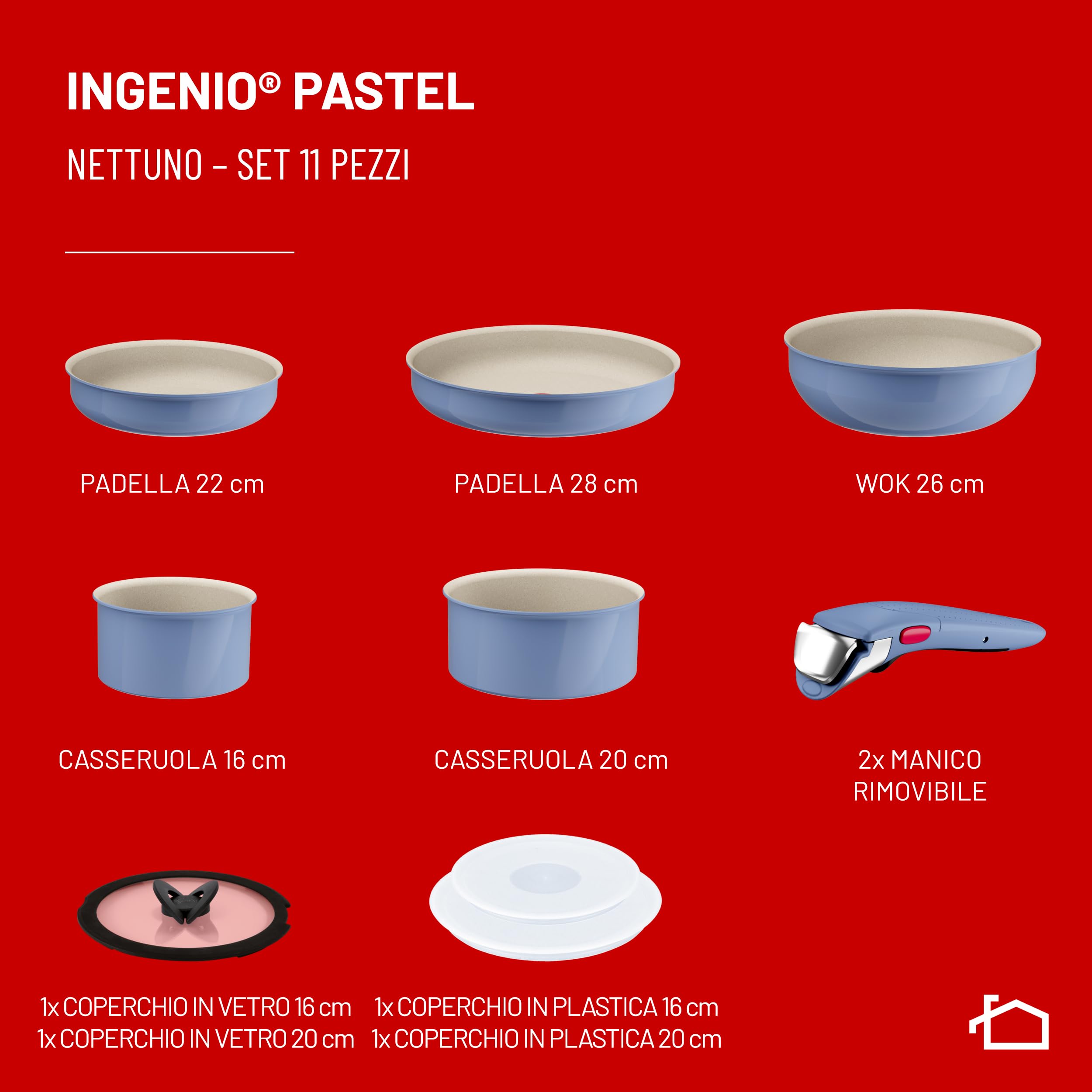 Lagostina Ingenio Pastel, Set di Padelle Antiaderenti 11 Pezzi con Manico Rimovibile, Compatibili con Induzione e Forno, Design Salvaspazio, Colore Nettuno
