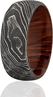 8mm Hammered Damascus Steel Men’s Ring – Arizona Ironwood Sleeve – Comfort Fit Wedding Band with Etched Black Grain Finish
