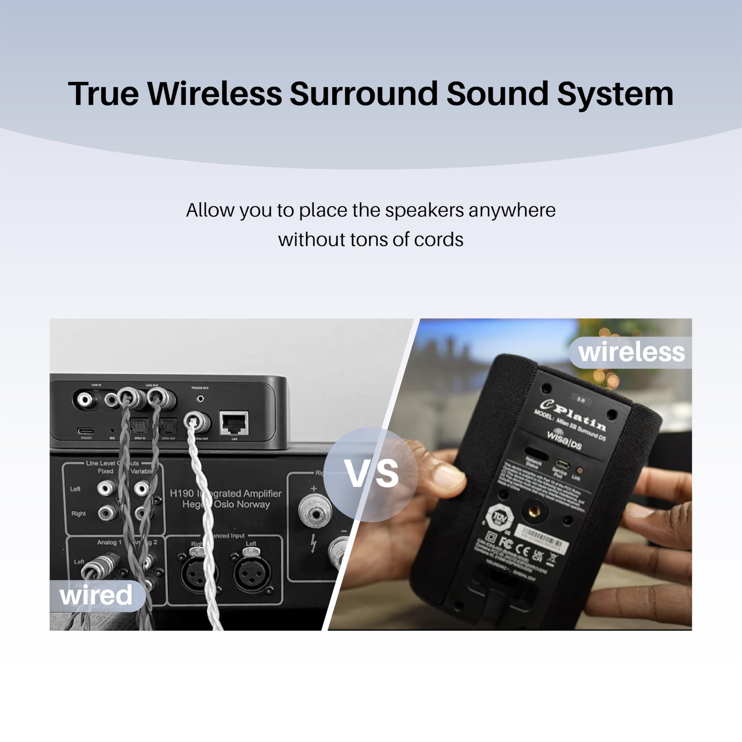 Milan Système audio 5.1 sans fil – Système audio home cinéma avec WiSA Low Latency, son surround pour TV, petit salon et appartement, compact, noir