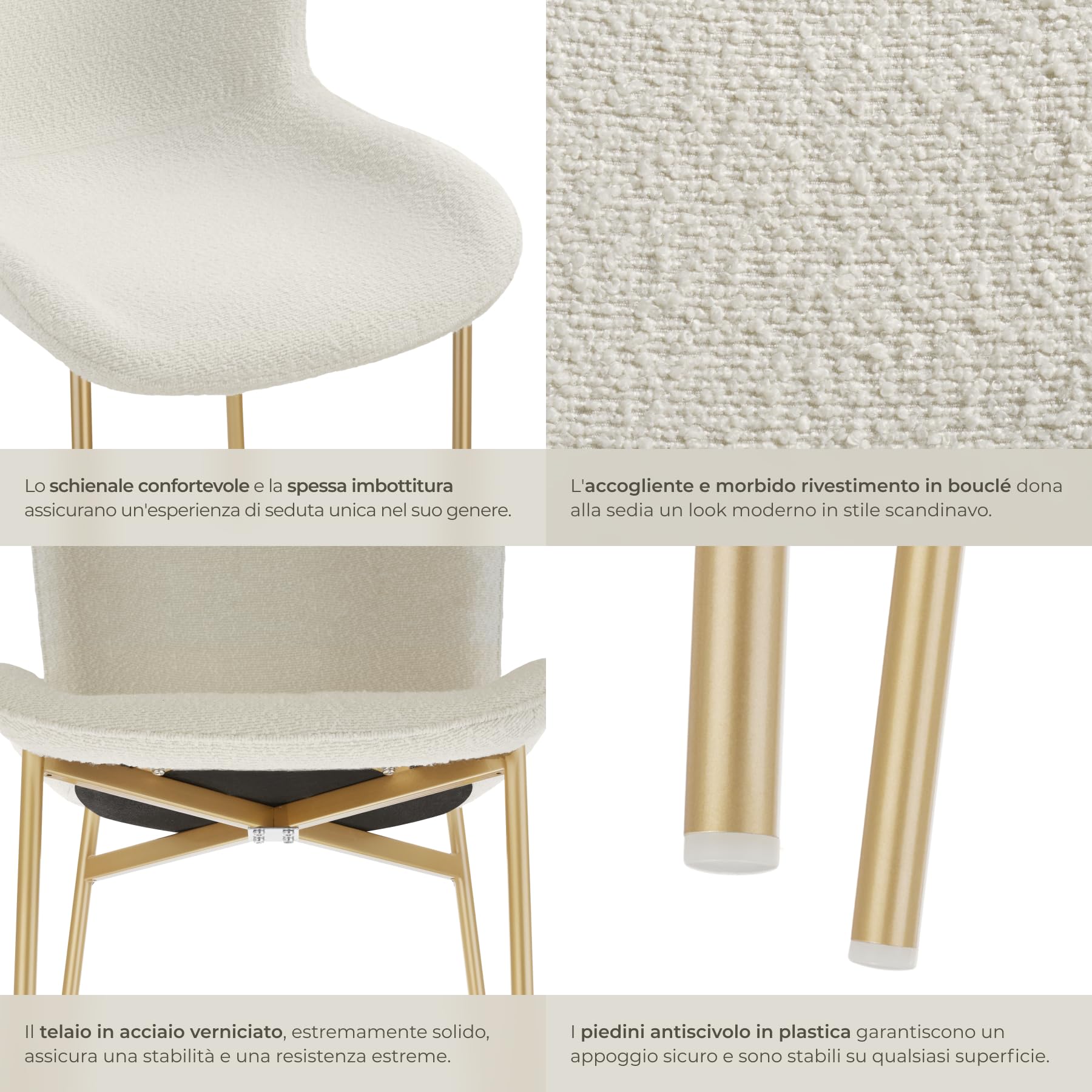 tectake® Poltrona in Stile Scandinavo, Seduta Ergonomica, Gambe in Acciaio, Cappucci Antiscivolo, Sedia Sala da Pranzo, Cucina, Sedia Soggiorno - Bouclé Bianco/Oro