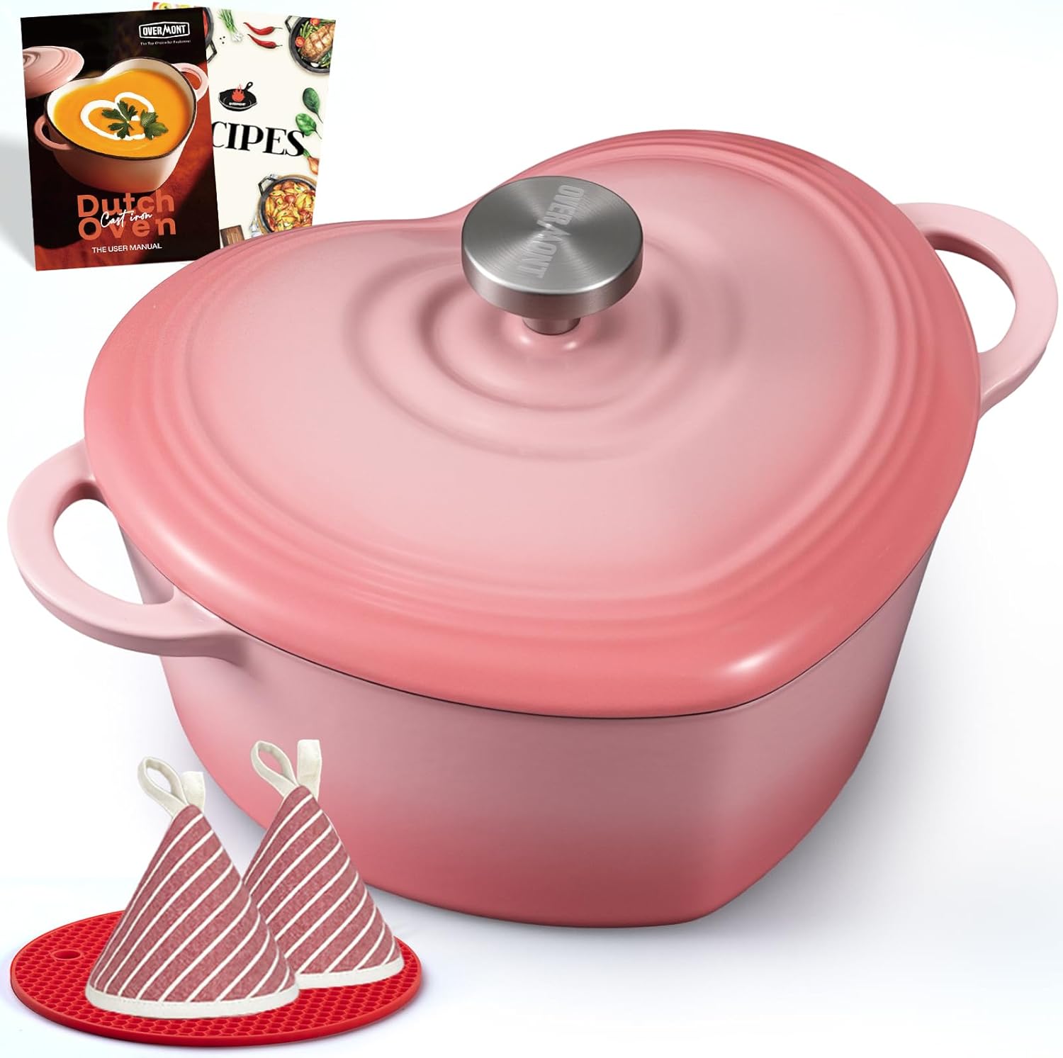 Overmont Enameled Cast Iron Dutch Oven - Heart-Shaped Pot with Lid Cookbook & Cotton Pot Holders - Mini Cookware Oven Safe to 500°F for Bread Baking Soups Stews - Great Gift for Birthday Wedding Housewarming 2QT Pink