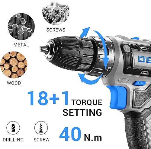 Miniatura 29 de Deko Pro - Juego de taladro inalámbrico 20 V MAX con batería de litio - Taladro eléctrico con 2 velocidades, 18+1 configuraciones de torque, Rosa