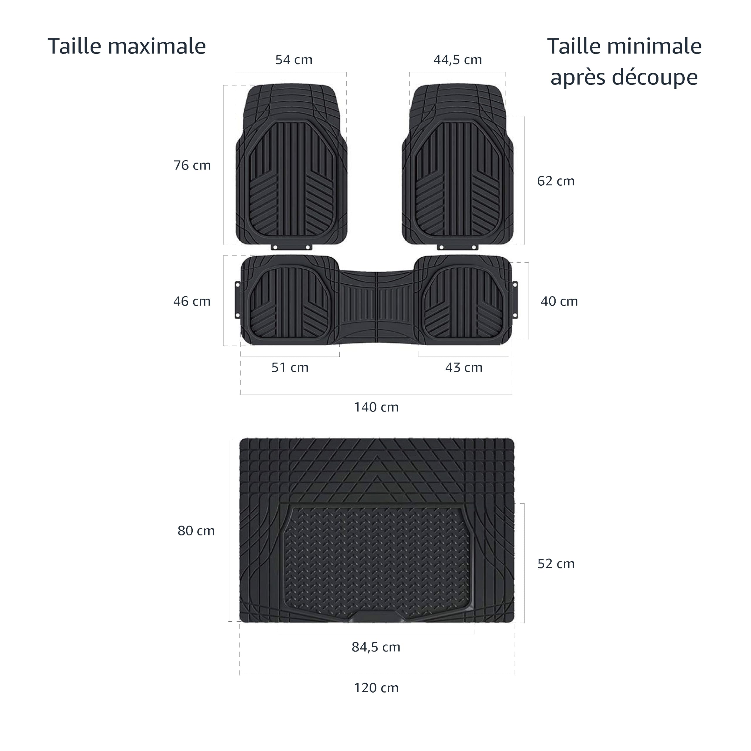 Amazon Basics Lot de 4 tapis de sol et de coffre robustes en PVC pour voitures, SUV, fourgonnettes toutes saisons, Noir