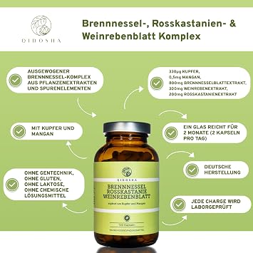 QIDOSHA Nettle Horse Chestnut Vine Leaf Complex Capsules Plus Copper & Manganese 120 Capsules in Pharmacist Glass German Production Each Batch Laboratory Tested
