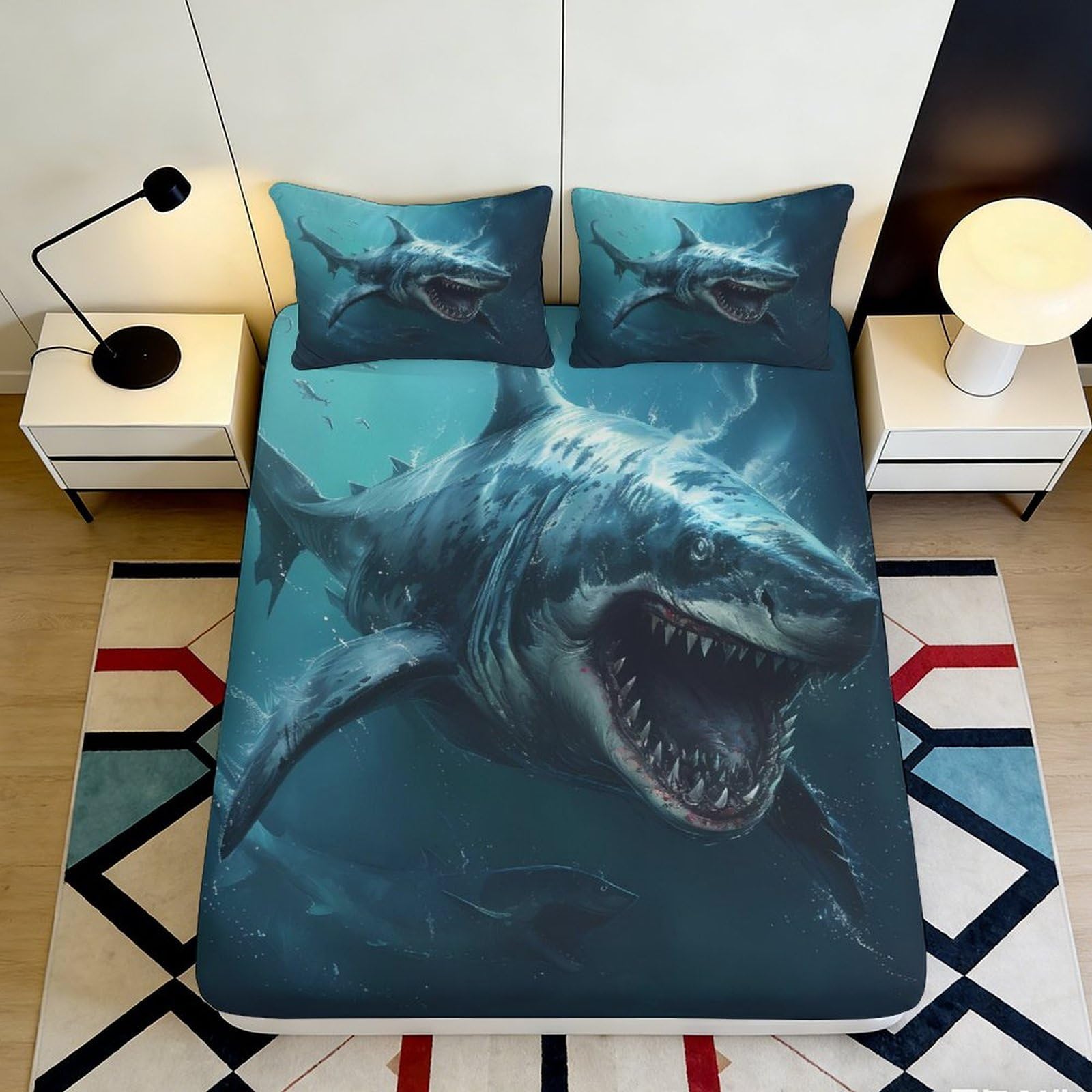 3D Printed Shark Design Fitted Sheet Microfiber Soft Breathable Ocean Predator Bed Cover for Bedroom Dormitory Guest Room Mattress Protection 160x200x25cm