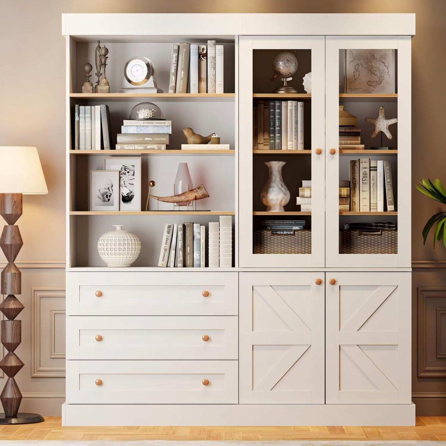 ivaniti 71" Farmhouse Bookcase with Glass Doors &amp; Drawers, Tall Wooden Storage Cabinet with Adjustable Shelves for Living Room, Kitchen, Home Office, Dining Room – Rustic White, Set of 2