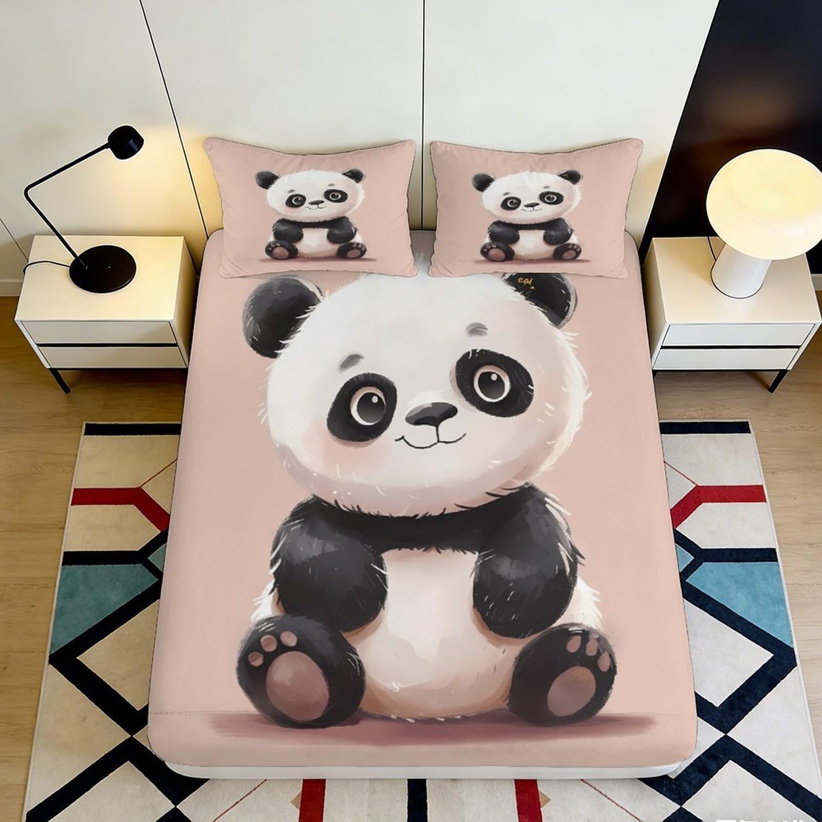 3D Printed Cute Panda Fitted Sheet Microfiber Pink Cartoon Animal Mattress Cover for Bedroom Dorm Soft Easy Care 90x200x25cm