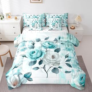 Erosebridal 7-Piece Chic Floral Bedding Queen Size for Girls Women Rose Flower Comforter Set, Teal Ombre Bedding Comforter Sets Gradient Oil Painting Bed in a Bag, Vintage Watercolor Bedding