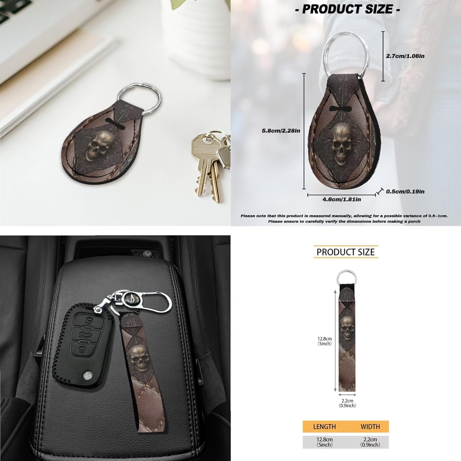 Skull Print Front Back Car Seat Cover with Steering Wheel Cover Headrest Covers Safety Belt Pad Center Console Pad Gear Lever and Hand Brake Covers Cup Cushions Key Chain