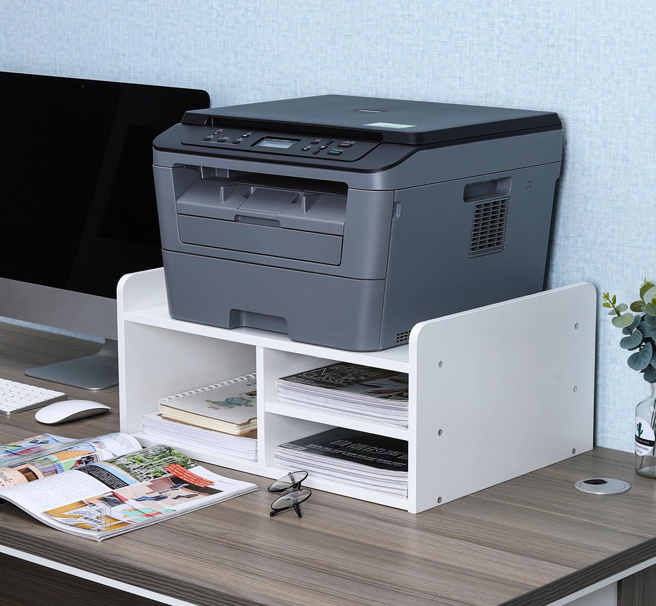 EasyPAG 3 Compartiments Bois Support Imprimante pour Bureau Étagère pour Télécopieur Range Papier A4,Blanc