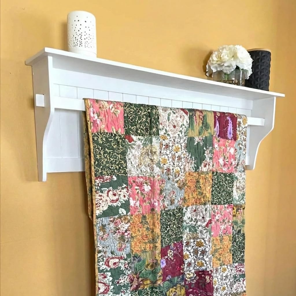 Wall Mounted Quilt Rack with Shelf - Solid Pine Wood, Rustic Farmhouse Style Quilt Hanger for Bedroom & Living Room Decor (White)