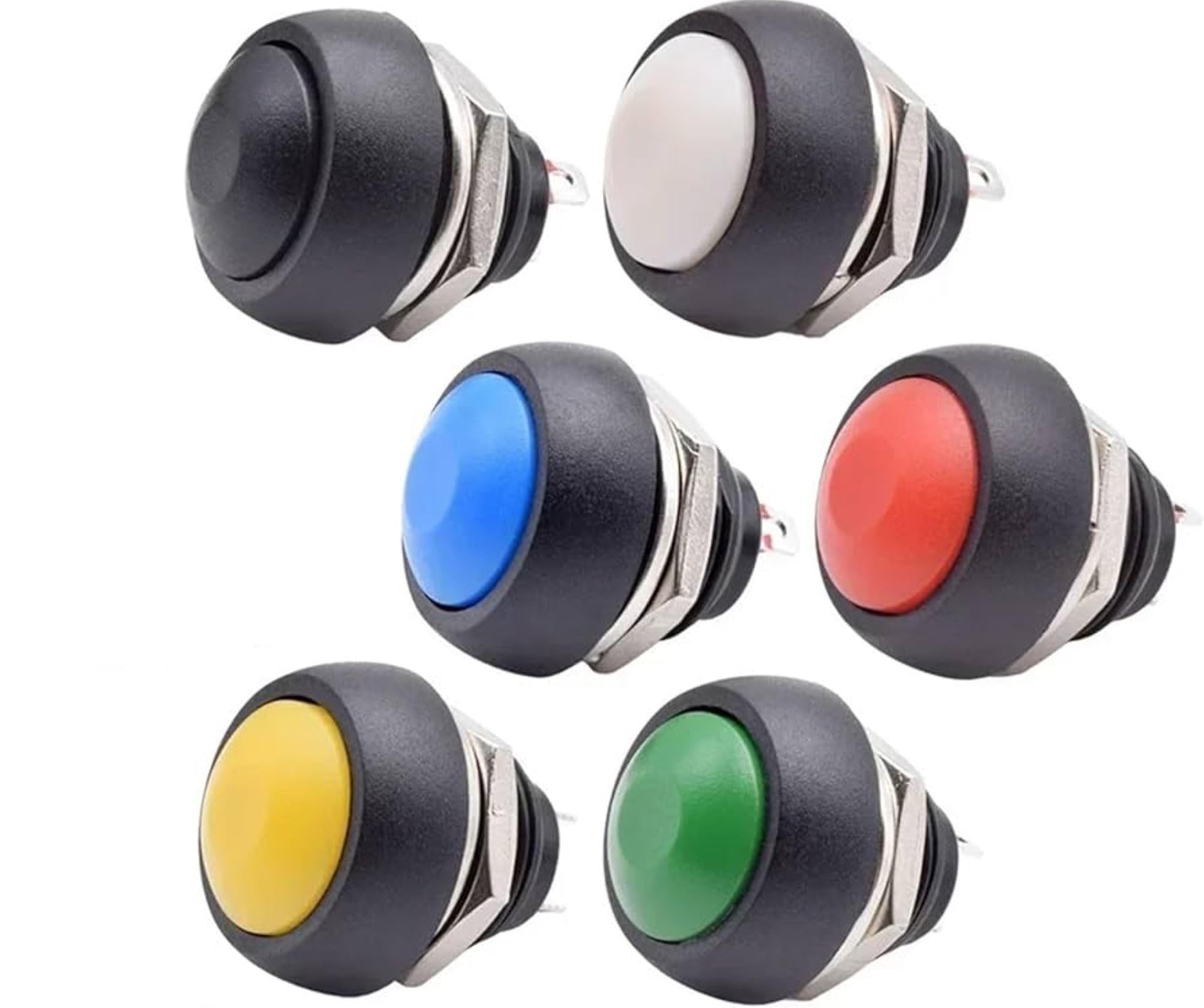 SHOKITECH Waterproof PBS-33B 12mm 2-Pin Mini Push Button Switch – Self-Reset, Round Type (Pack of 6 – Multicolor)