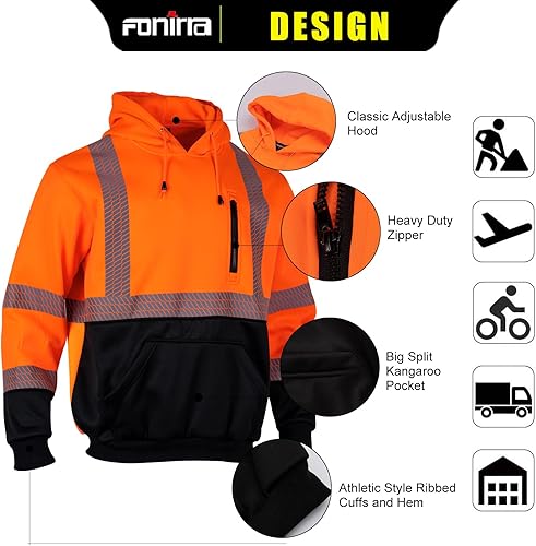 Miniatura 10 de FONIRRA Sudadera con capucha de forro polar de seguridad de alta visibilidad para hombre, sudadera reflectante ANSI Clase 3 con parte inferior negra
