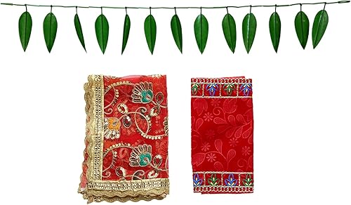 Toran decorativo de hoja de mango de 36 pulgadas y tapete de tela Puja de terciopelo rojo Aasan (tamaño 10 x 7 pulgadas)  Chunari red (tamaño 19 x 3