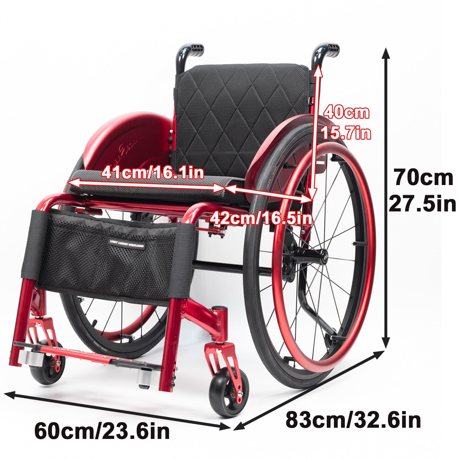 Lekki wózek inwalidzki, udźwig 100 kg, nieskładany, stop aluminium, wyposażony w podnóżki, poduszka do siedzenia (szerokość siedziska: 41 cm)