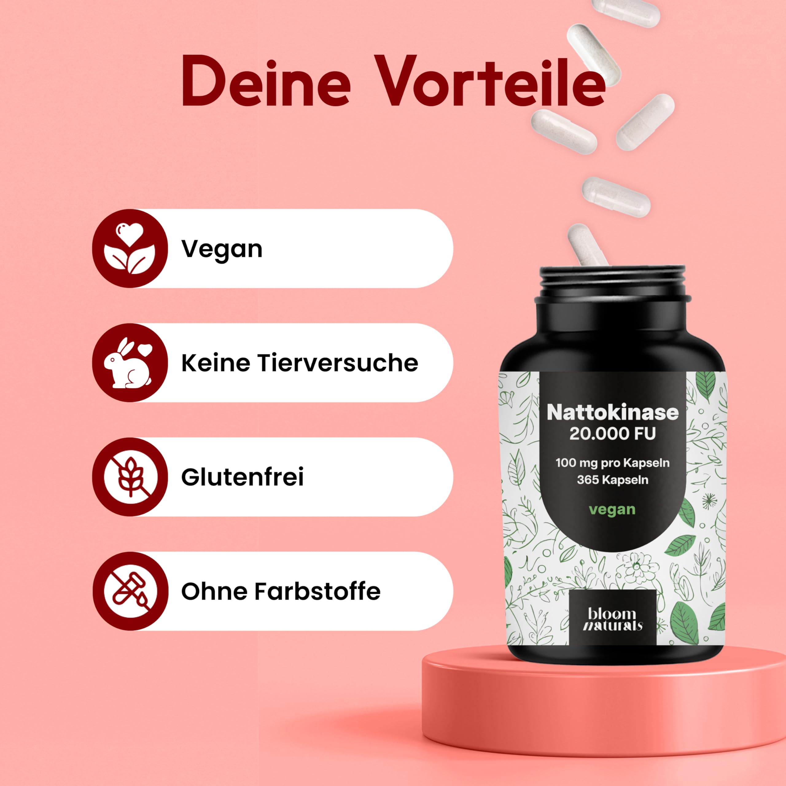 Nattokinase hochdosiert - 365 Kapseln - 20.000 FU pro Tagesdosis, vegan & produziert in Deutschland - Verpackung kann variieren Laborgeprüft