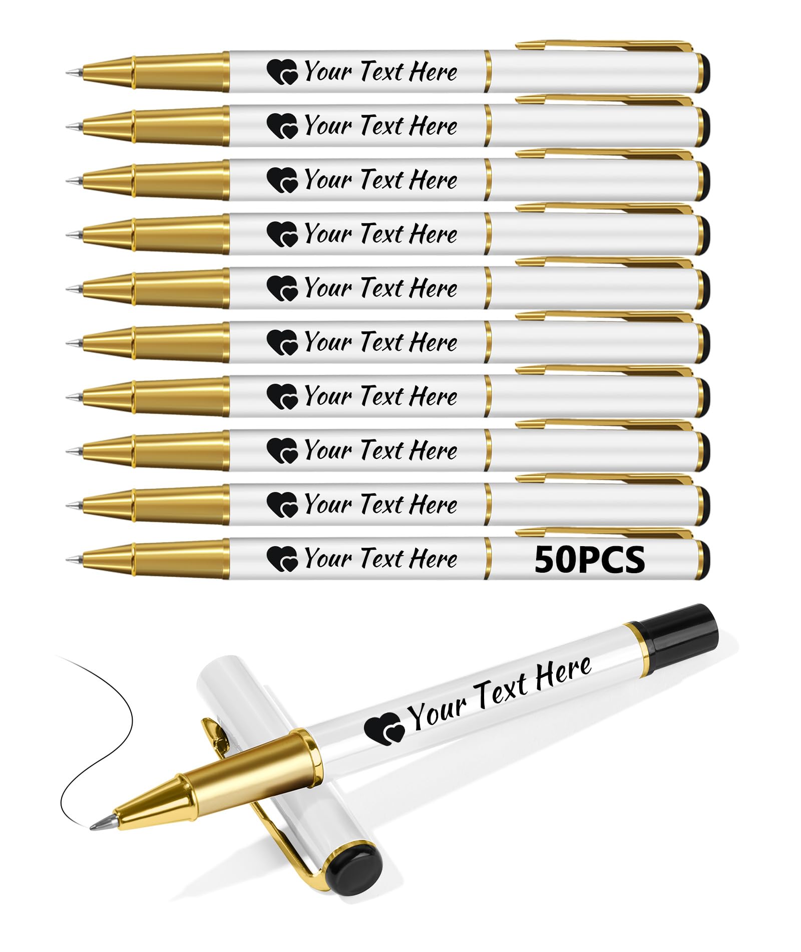 Customised Pens - Personalised Pens Bulk Pack Bussiness Ballpoint Pens with Free Engraving, Customisable Pens with Your Name, Text or Message, Perfect for Office/Students/Teacher/Lawyer,White,50 pcs