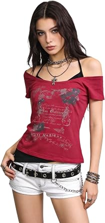 Grunge Emo Tops Women Y2k Clothes Fake Two Piece Baby Tees 2000s Goth Graphic Short Sleeve Off Shoulder Alt T Shirts