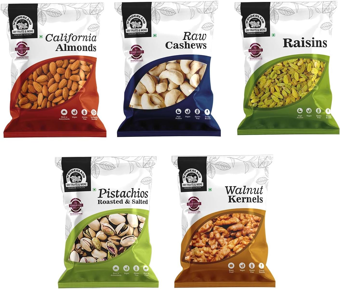 Wonderland Foods 500g (100g X 5) Dry Fruits Combo of Pistachios, Almond, Cashew, Golden Raisins & Walnut Kernel 100g Each