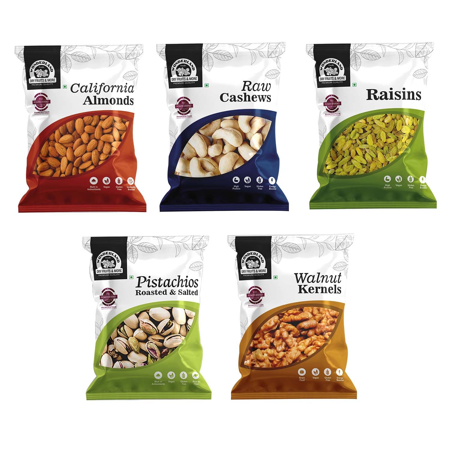 Wonderland Foods 500g (100g X 5) Dry Fruits Combo of Pistachios, Almond, Cashew, Golden Raisins & Walnut Kernel 100g Each