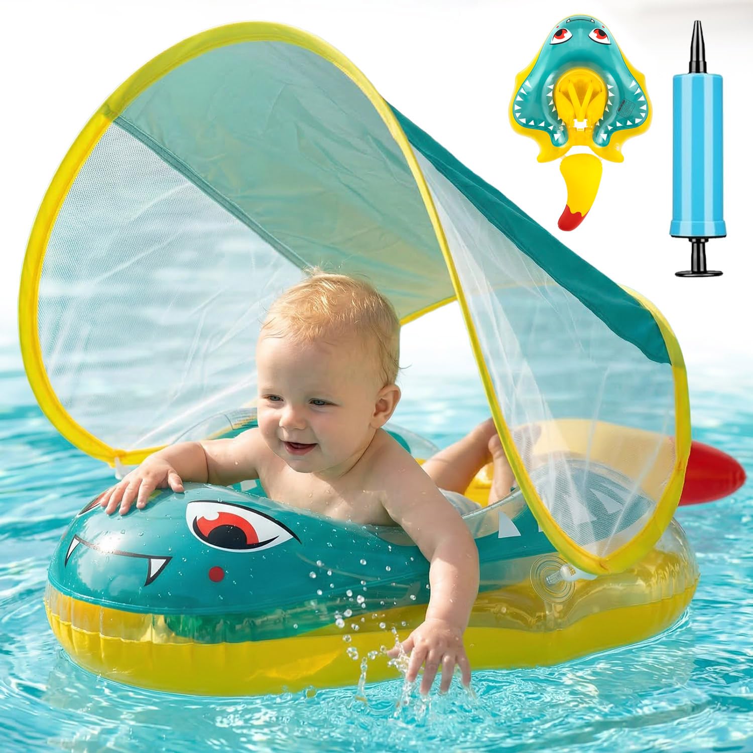 Baby Swimming Float with UPF50+ Sun Canopy, Upgraded Inflatable Baby Pool, Safety Bottom Support, Anti Rollover Airbag, Adjustable Seat, Baby Swimming Ring, for 6-24 Months Kids