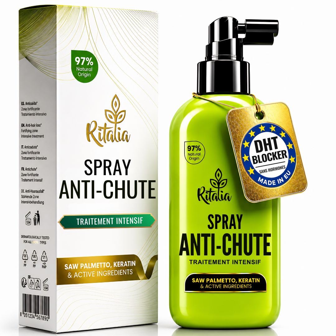 Ritalia | Spray pousse cheveux, lotion 100ml, beige | Saw Palmetto, caféine, kératine, 97% naturel | Renforce, épaissit, favorise la croissance cheveux femme homme