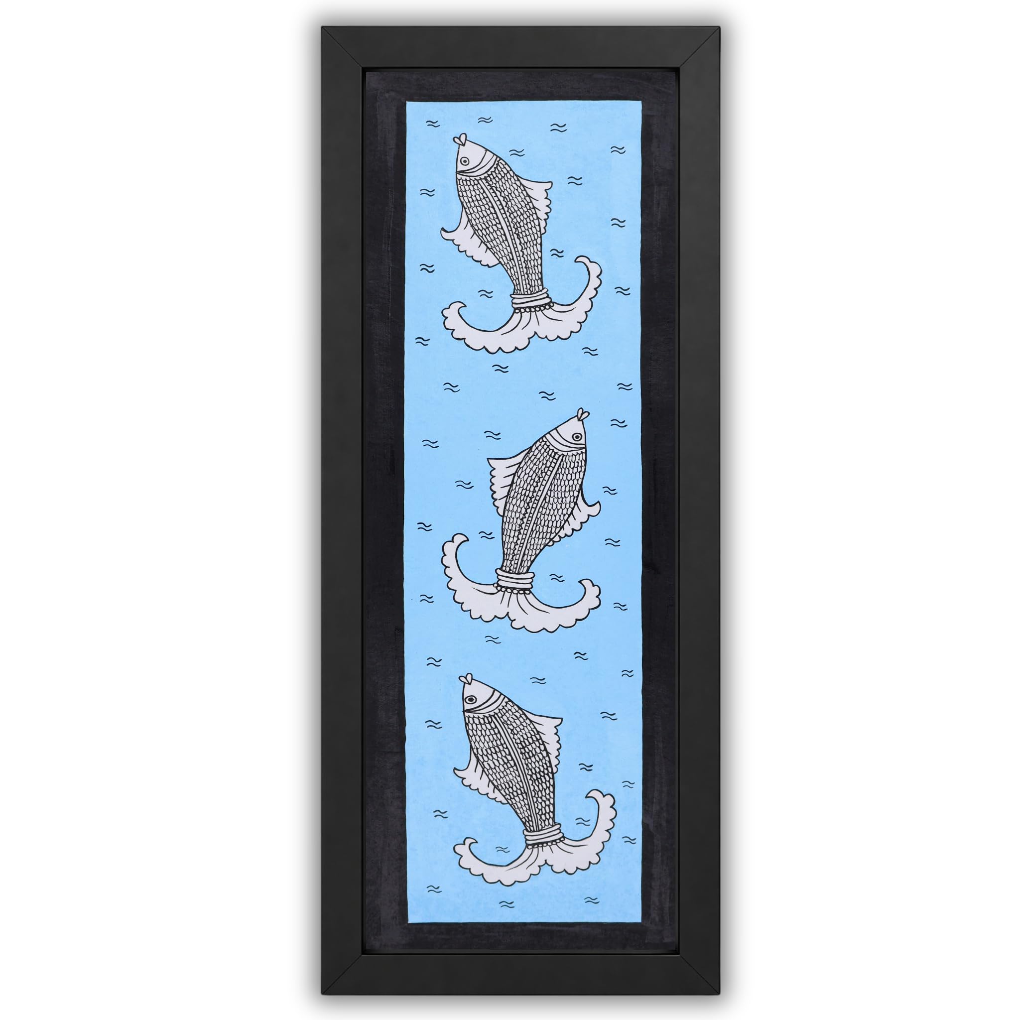 AAKARSHAK Kalamkari Handmade Fish Painting Framed 20x58 cm Vertical Art - Traditional Indian Wall Decor for Living Room Bedroom Office Narrow Wall Hanging