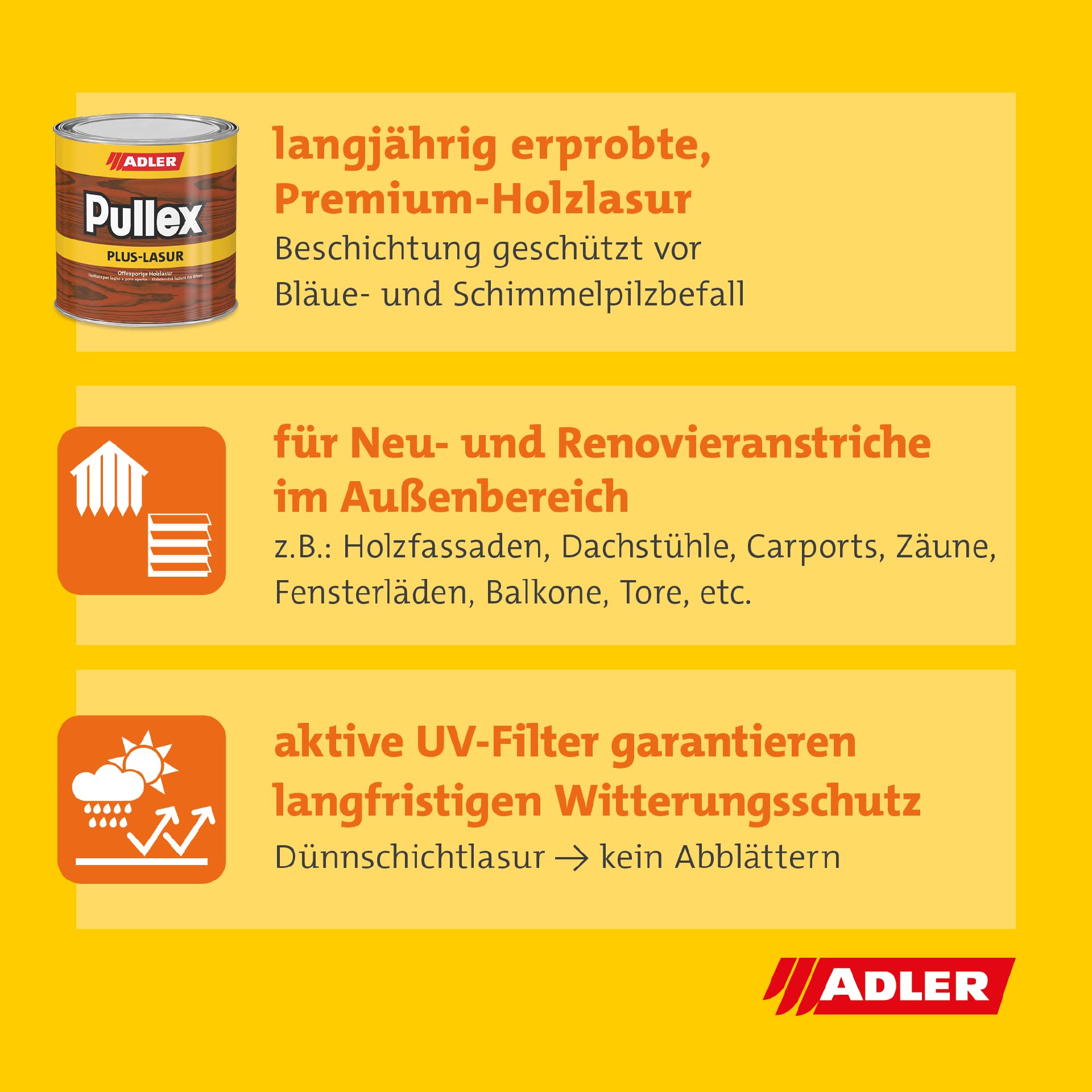ADLER Pullex Plus-Lasur Eiche 2,5l | Universelle Holzlasur für außen, lange offene Zeit für ansatzfreies Streichen, geruchsarm durch aromatenfreie Lösemittel