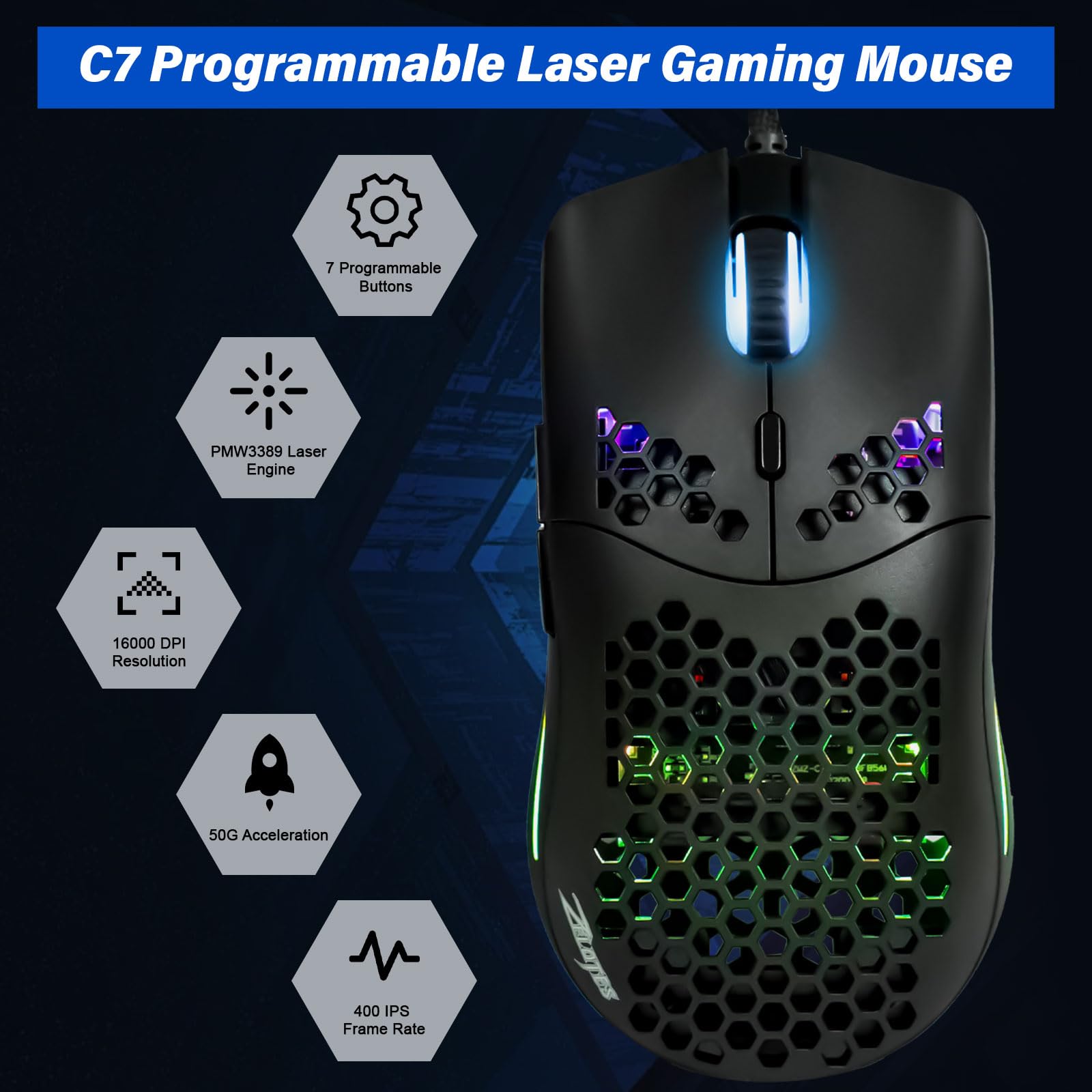 C7 - Ratón para juegos con cable, diseño de panal, sensor ajustable de 16000 DPI, 7 botones programables, RGB dinámico, ratones ultraligeros para juegos para PC y portátil