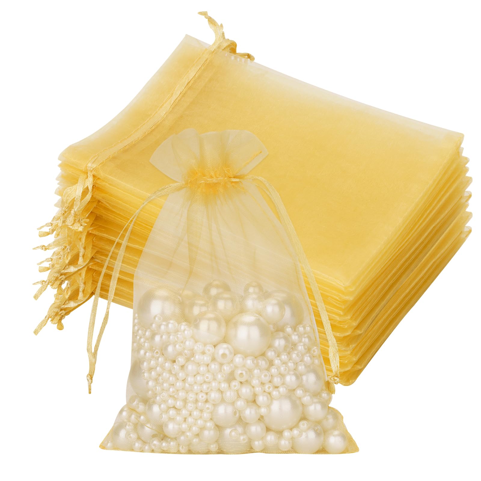 Joycraft 50pcs Organza Bags, 4"x6" Gold Breathable Tulle Bags with Drawstring, Sheer Mesh Pouch for Wedding Favor, Jewelry, Makeup, Candy โ image 1