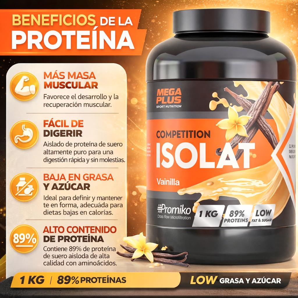 Proteína Isolat Competition - Mega Plus - Promiko - Proteína Aislada De Suero Profesional Para Masa Muscular Y Recuperación Rápida - Proteina Isolate Y Leche En Polvo - Vainilla 1kg