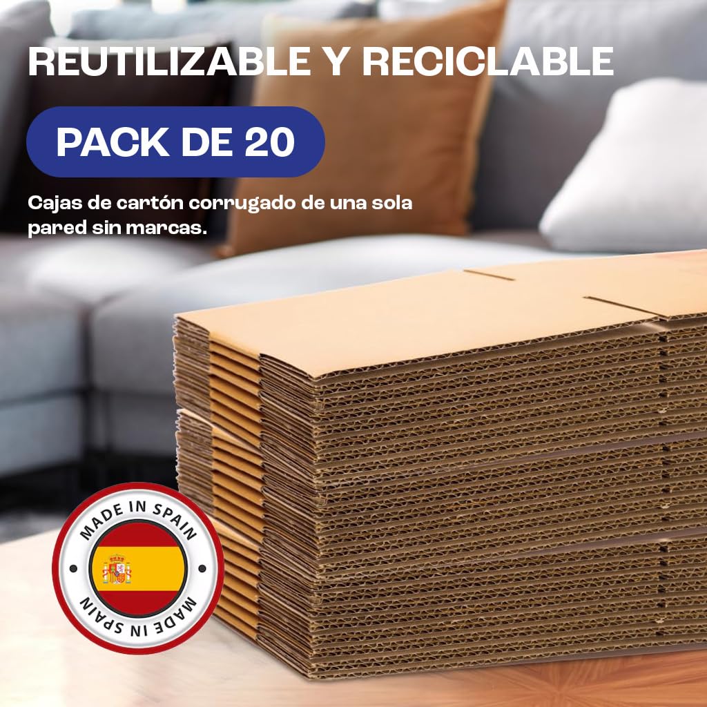 20 Cajas de Cartón para Mudanza 60x40x40cm con Precinto | Cajas de Cartón de Alta Resistencia con Asas para Mudanzas, Almacenaje y Transporte | Cartón Corrugado Reciclado
