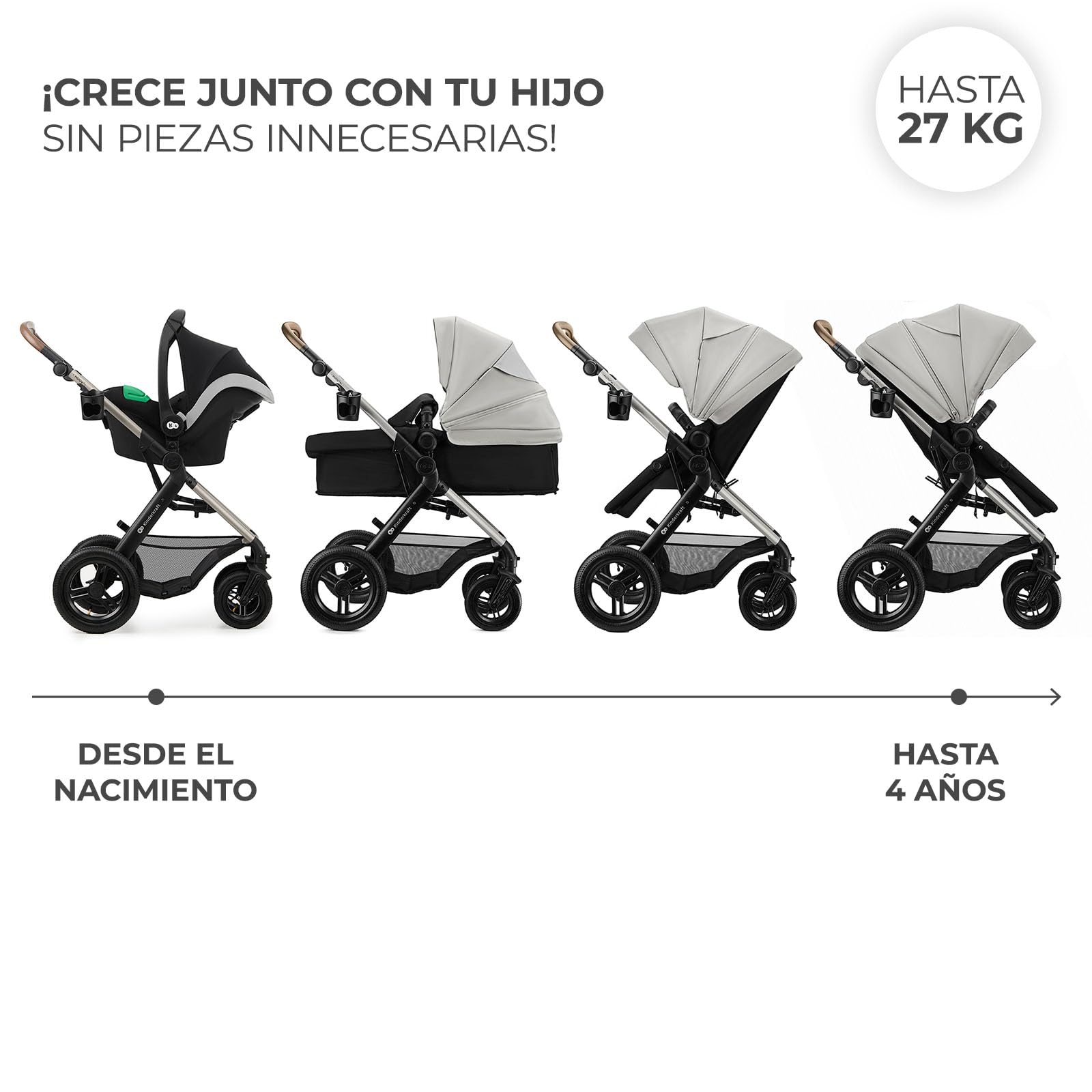 Kinderkraft MOOV XL 3 en 1, Carrito bebé hasta 27 kg, Carro, Con Asiento I-SIZE 40-75 cm, Plegable, Amortiguación, Convertible, Capazo XL, Con accesorios, Gris Claro