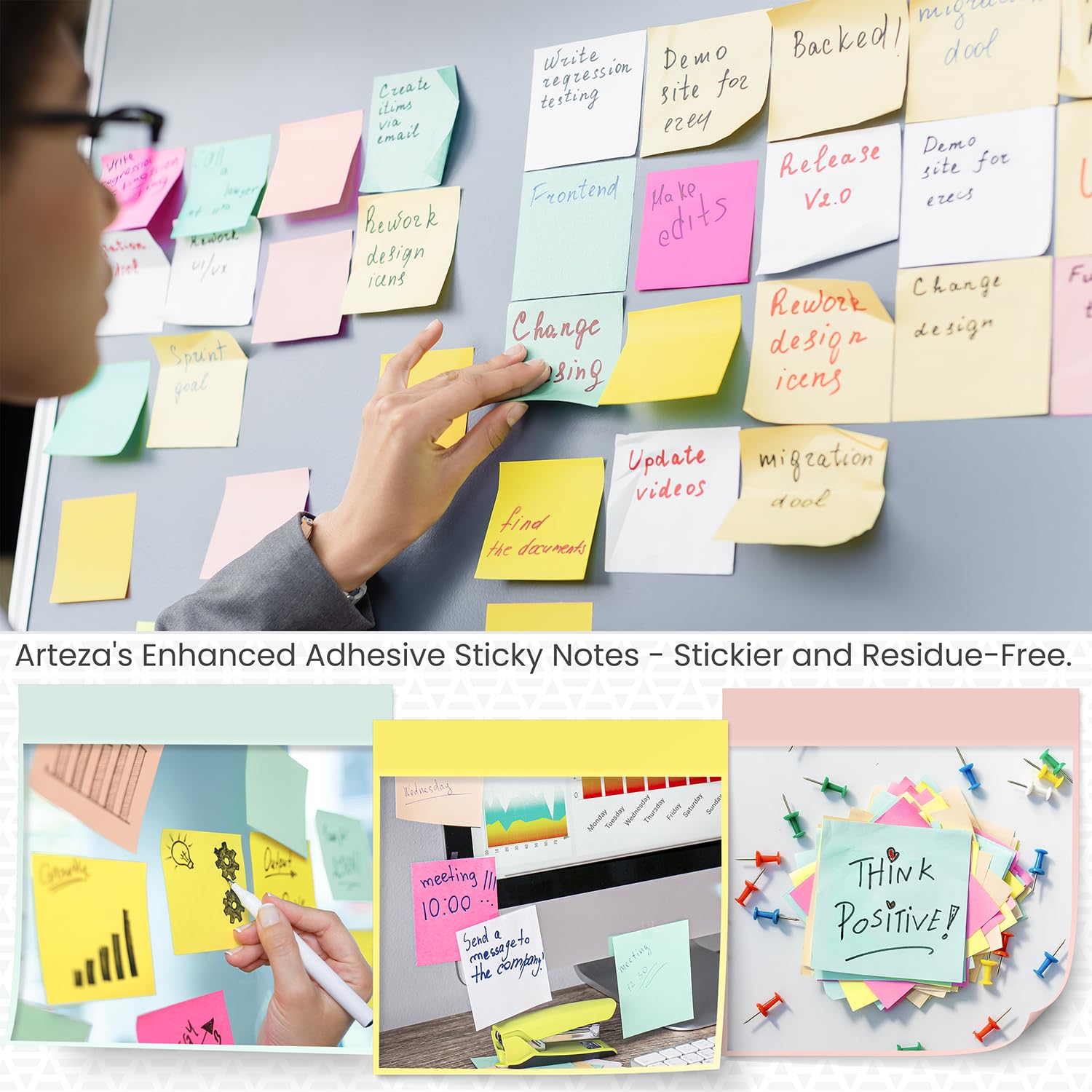 ARTEZA Sticky Notes Bulk Pack - 24 Pads Of 3x3 Inch Multicolor Self-Adhesive Notes