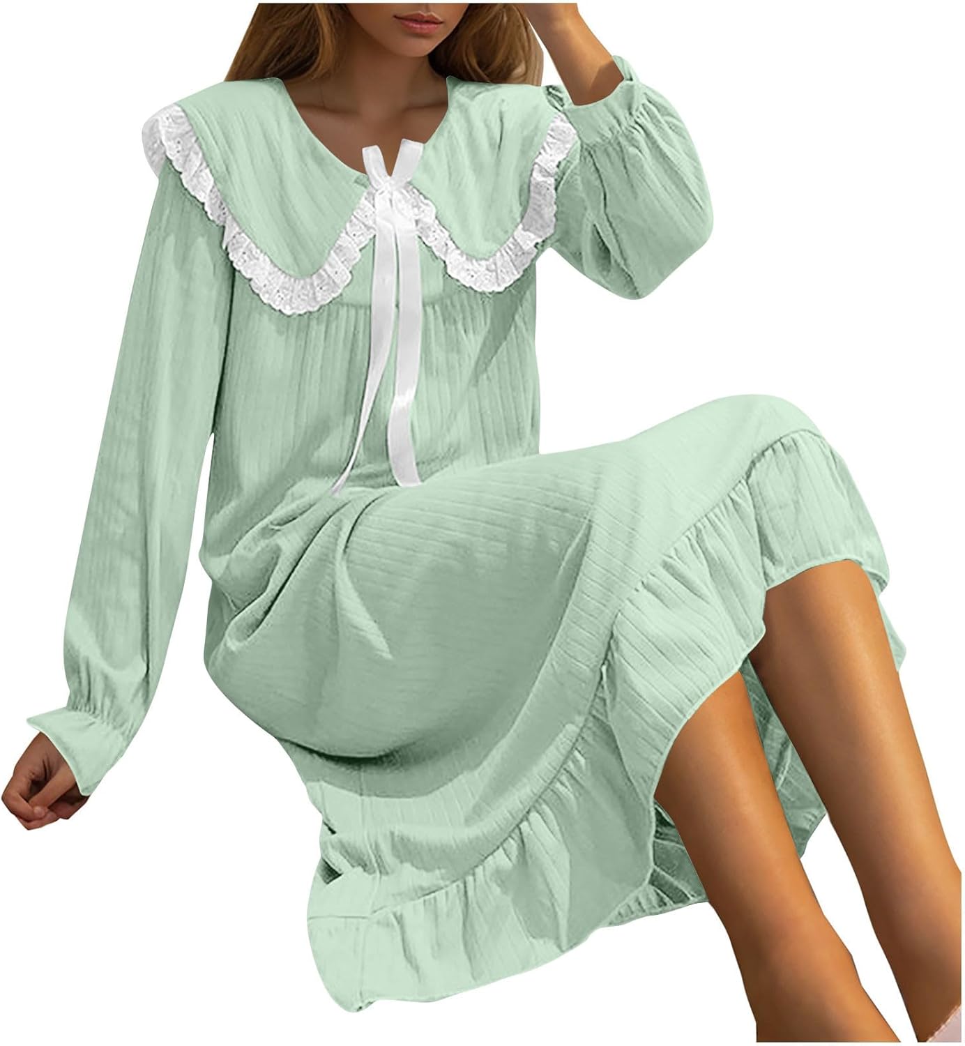 Women's Flannel Nightgown Fall Winter Fashion Lace Lapel Long Sleeves Loose Comfy Nightdress Pajamas Dress