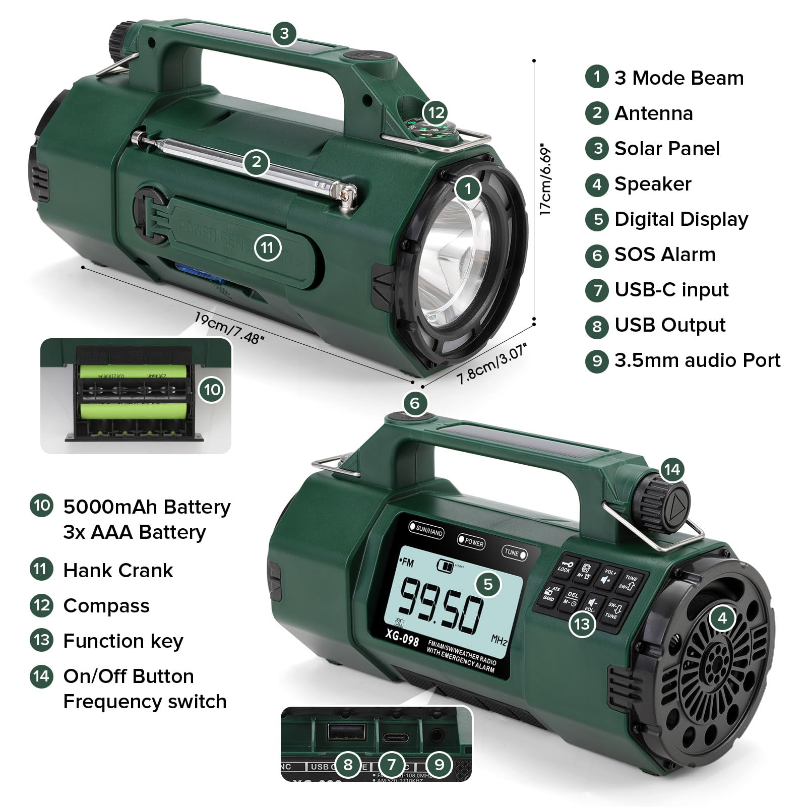 Radio météo d'urgence, batterie remplaçable 5000 mAh, radio solaire à manivelle avec alerte AM/FM/SW/NOAA, réveil, minuteur, boussole, chargeur de téléphone portable, prise casque, lampe de poche et