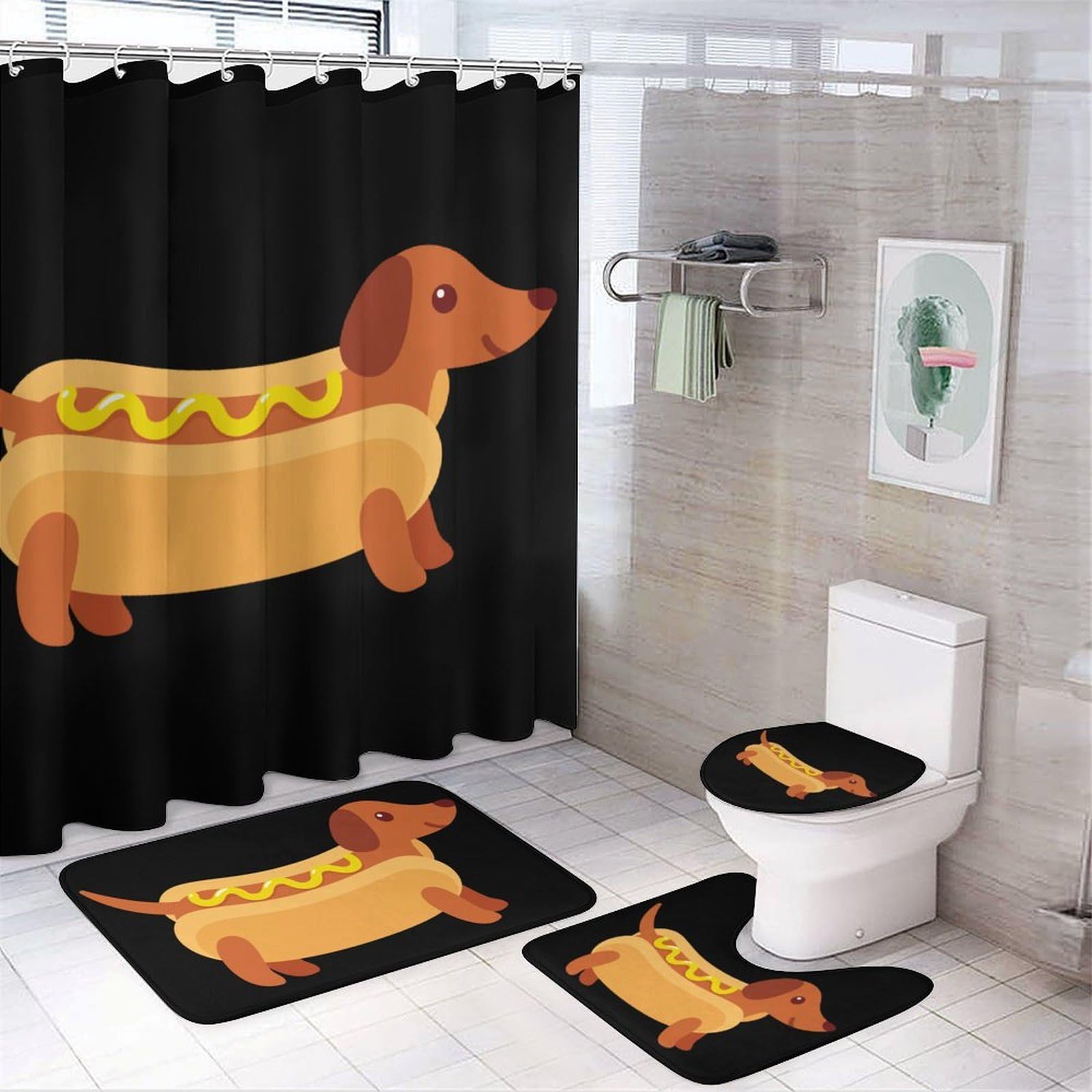 CGSBNGHA Dachshund in Hot Dog Bun with Mustard Shower Curtain Set 4 Piece Bathroom Sets with Rugs Toilet Lid Cover And U-Shaped Floor Mat