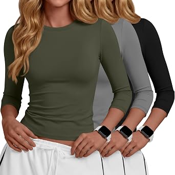 3 Pack Womens 3/4 Sleeve Compression Shirts | Workout Tops, Elbow Sleeve T-shirts, Three Quarter Sleeve, Basic, Athletic, Gym Tee, Yoga, Running, Tight Fitted, Sports