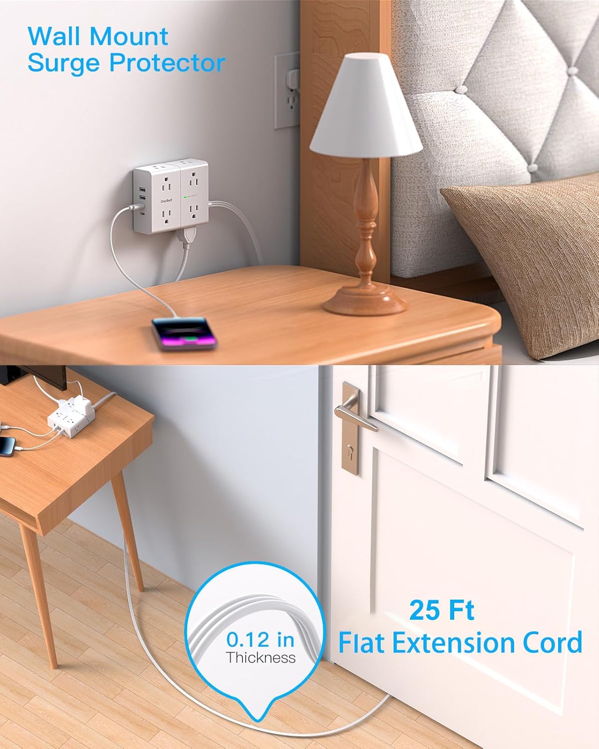 Surge Protector Power Strip 25 ft Cord, Flat Plug Extension Cord with 8 Outlets 4 USB Ports(2 USB C), 3 Side Wall Mount Outlet Extender, Long Extension Cord for Home Office Dorm Room Essentials thumbnail