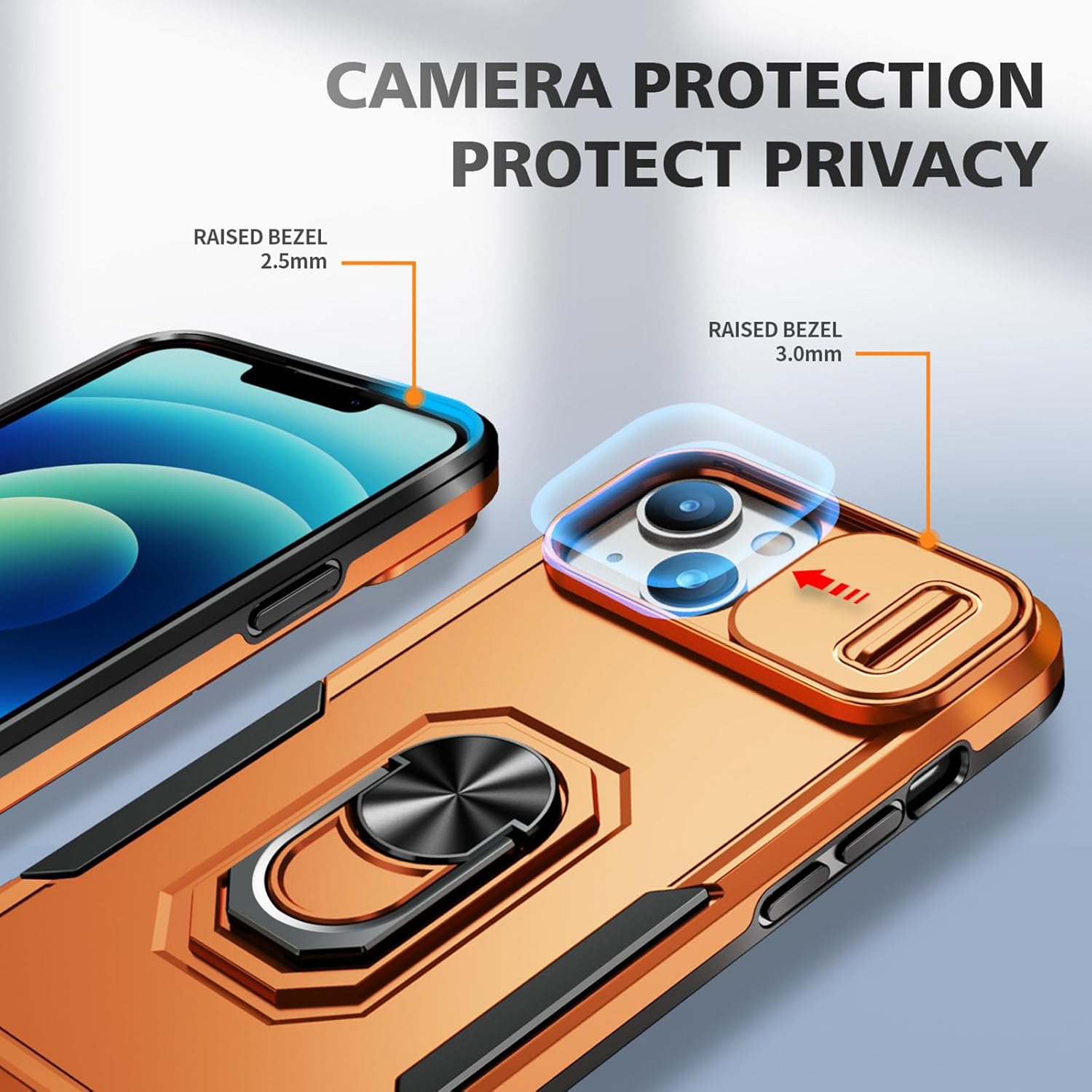 Phone Case for iPhone 14 Plus Case with Camera Lens Cover, with Ring Holder Kickstand, fit Magnetic Car Mount, for iPhone 14 Plus - Orange - Image 3