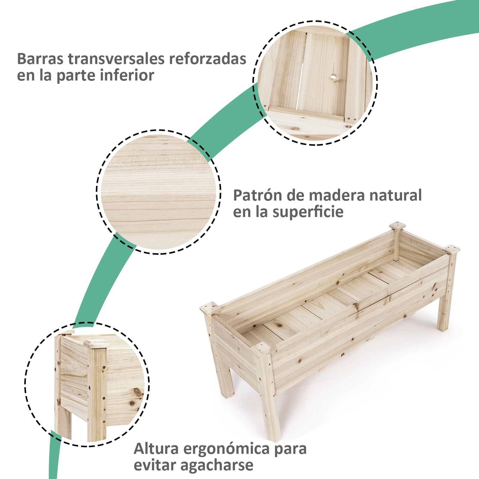 GOPLUS Huerto Urbano de Madera de Abeto, Cama Elevada con 5 Agujeros de Drenaje, Jardinera para Flores Verduras, Maceta para Cultivo, Capacidad de 100 kg, 120 x 43,5 x 51 cm (Beige)