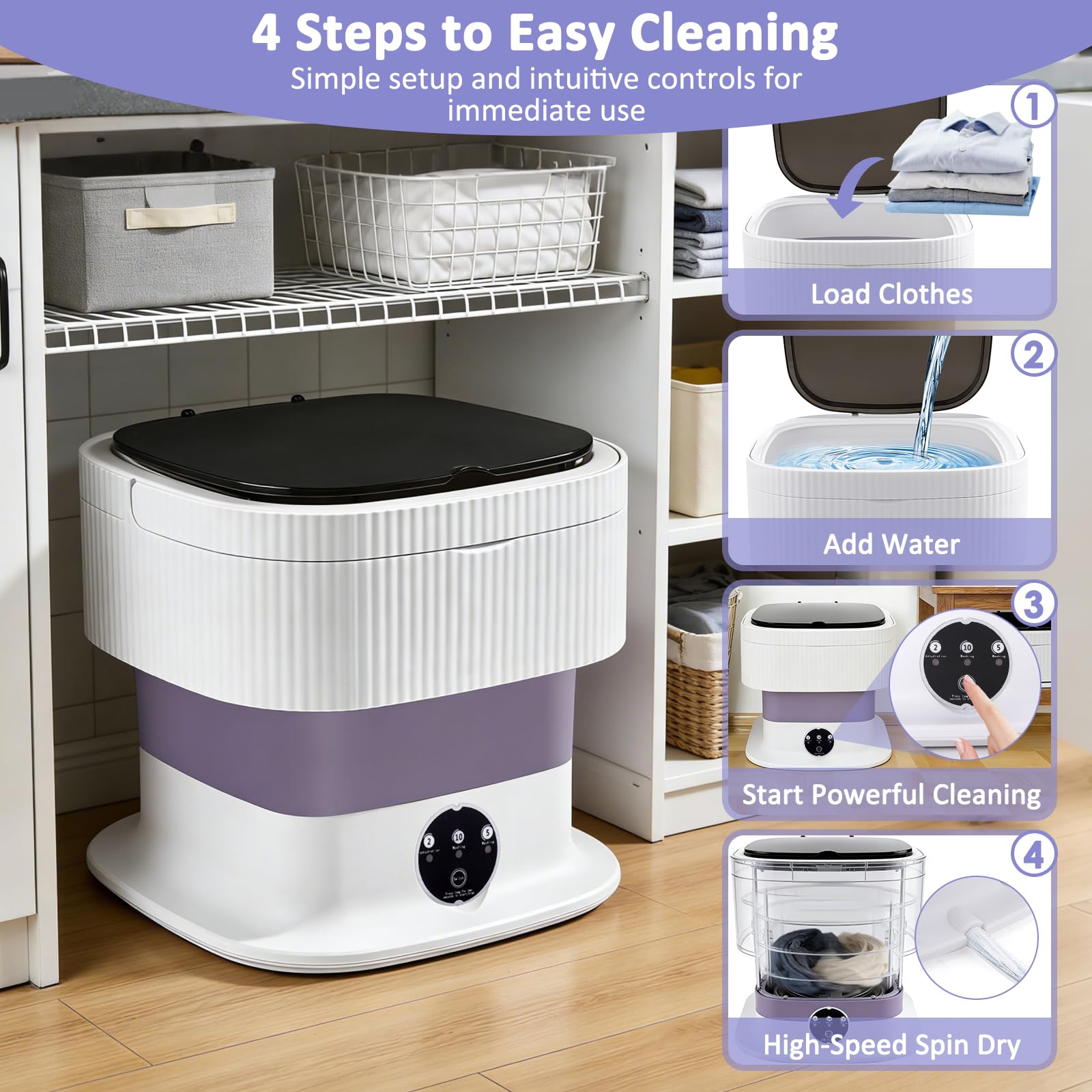 Mini Machine à Laver Portable 10L Pliable Lave Linge Compact | 3 Modes de Nettoyage & Panier D'essorage Amovible, Classe Énergétique E pour Appartements, Dortoirs, Camping & Voyages