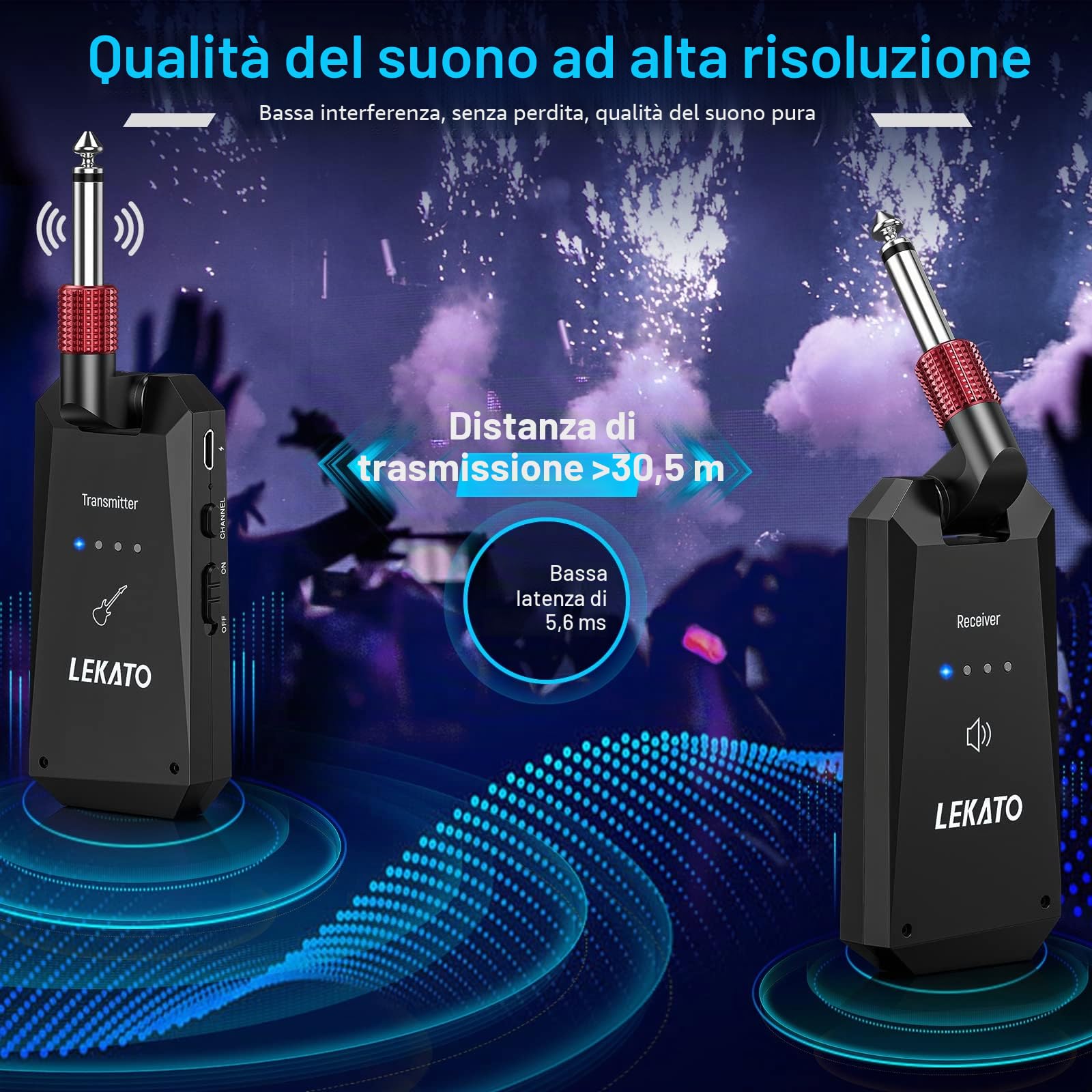 LEKATO Ricevitore Trasmettitore Wireless per Chitarra 5.8Ghz, Cavo Ricaricabile Digitale Con Forte Capacità Anti-Interferenza per Chitarre, Bassi