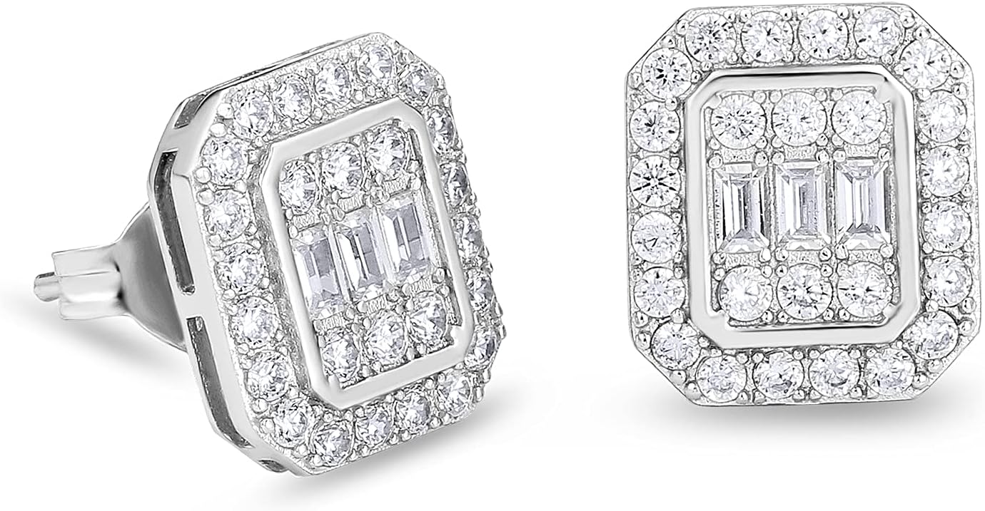 KRKC&CO Earrings for Men, Sterling Silver, Birthday Gift for Mens, 14K/White Gold Studs, Blue Iced Out Earring, Hypoallergenic Ear, 5A CZ Stones, Fathers Day, Party Jewelry