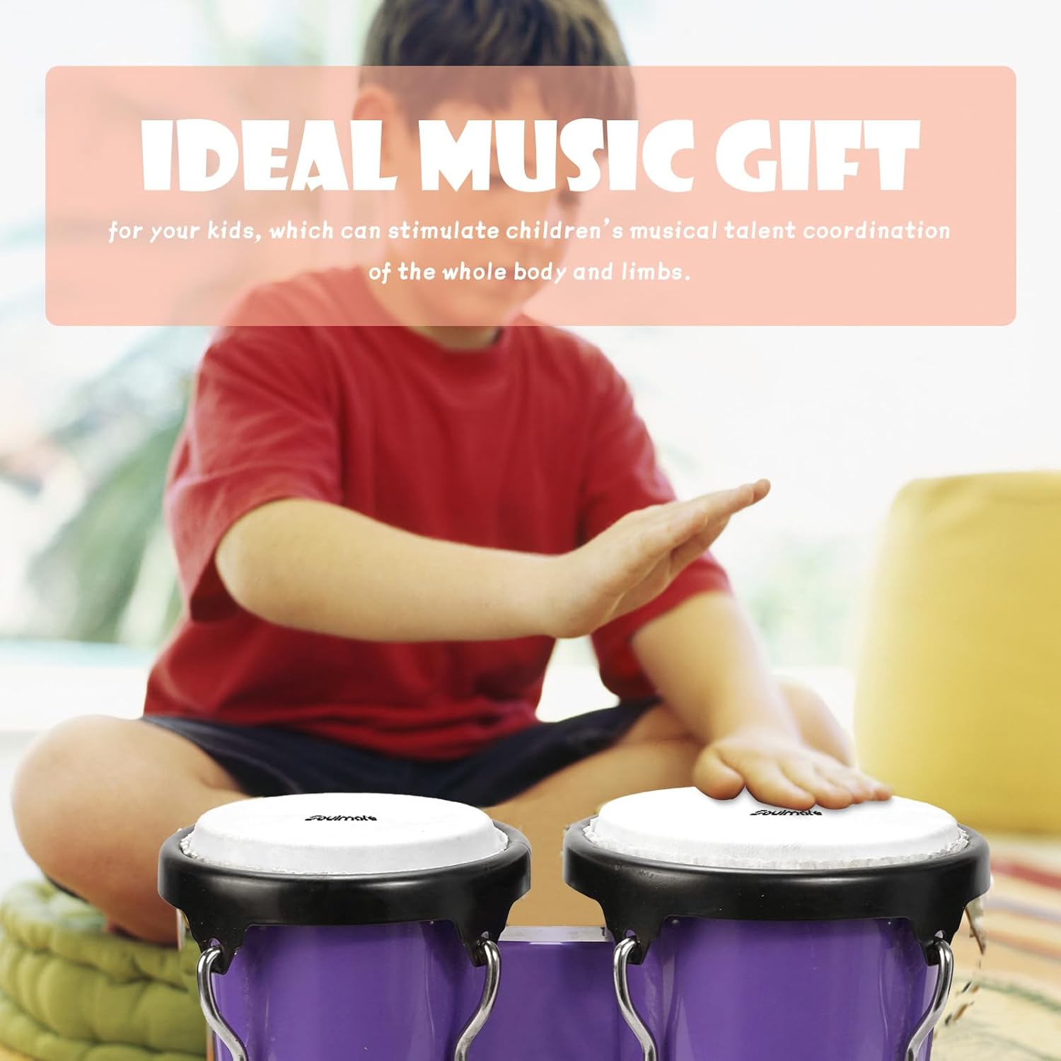 Soulmate Bongo Drum for Kids Adults Beginners 4'' and 5'' Bongos Set Tunable Natural Skin Percussion Instruments With Tuning Wrench (Purple)