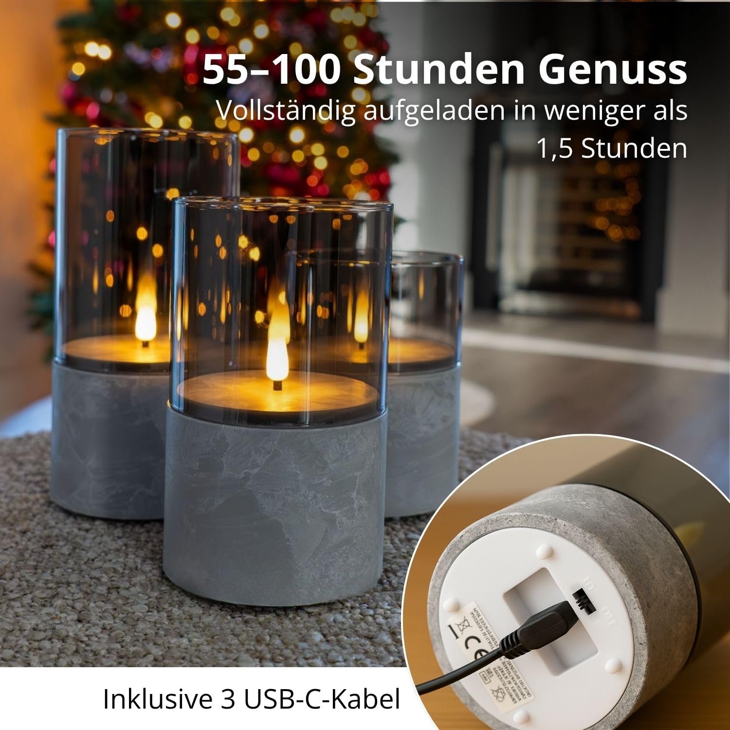 FLINQ Wiederaufladbare LED Kerzen mit Bewegender Flamme – 3er Set im Stone Look mit Fernbedienung, Timer & Dimmfunktion – Echtwachs Optik, Flackernde Flamme