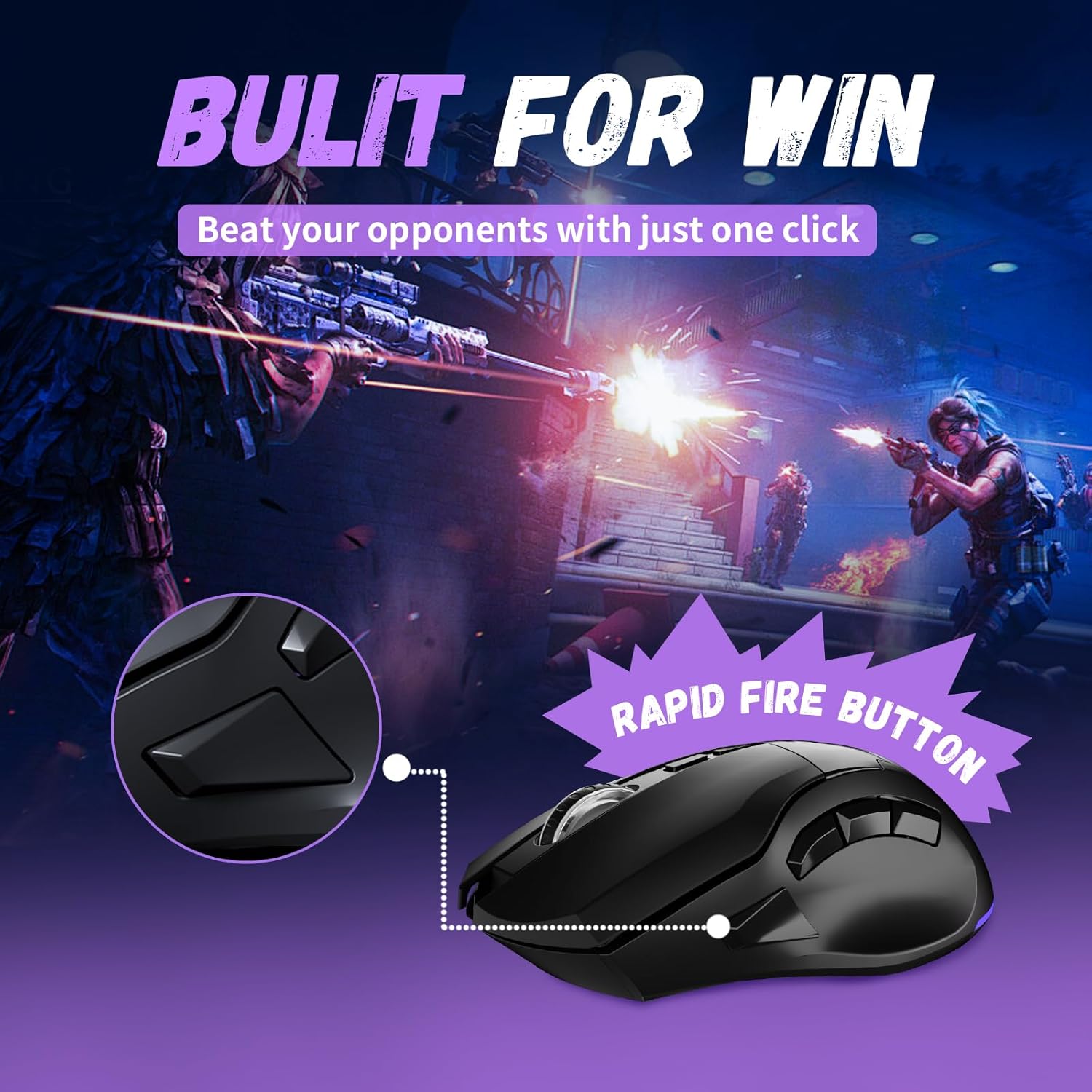 Wireless Gaming Mouse with Tri-Modes, 2.4G/ USB-C/BT 9 Programmable Buttons, Rapid Fire Key, 12800 DPI, Adjustable RGB Backlit Modes, Macro, 3 Side Buttons (Wireless -W10, Black)