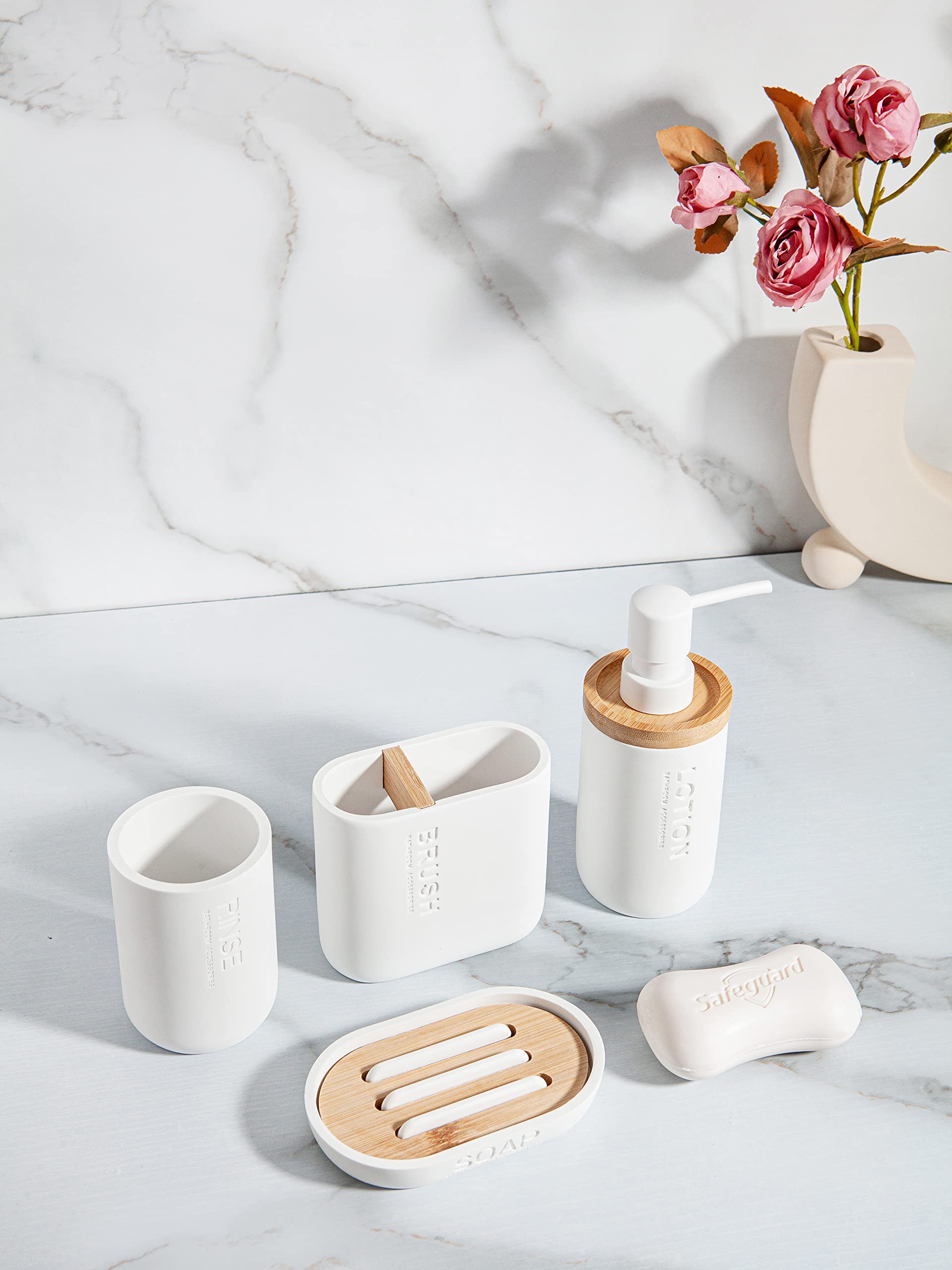 Juego de dispensador de jabón de bambú ZhanWang, Que Incluye un dispensador de jabón Decorativo con Accesorios de Madera y bambú (Blanco)