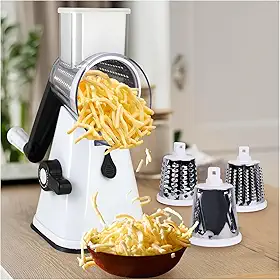 Ralador de Queijo Rotativo com Manivela, Cortador de Legumes Multiuso com 3 Lâminas de Aço Inoxidável e Base Antiderrapante para Queijo, Vegetais, Nozes e Chocolate